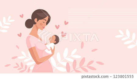 Happy mother holding her baby in her arms. Mother's Day card. Flat style illustration. Happy mother holding her baby in her arms. Mother's Day card. Flat style illustration. 123801555