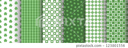 Set of chequered seamless patterns with clover leaves. St. Patrick's Day. Surface design for textile, fabric. Green and white colors. 123801556