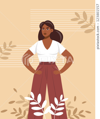 Confident woman on floral background. Equality and feminism concept. Flat style illustration. 123801557