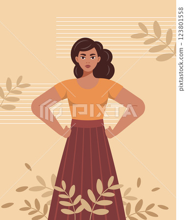 Confident woman on floral background. Equality and feminism concept. Flat style illustration. 123801558