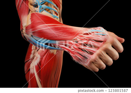 An interactive 3D representation emphasizing pain inflammation in joints, as well as interaction between bones, muscles, tendons AI Generative 123801587