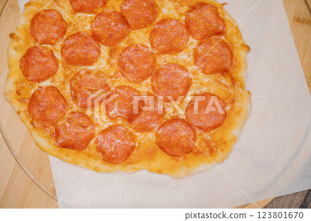 Fresh baked pepperoni pizza close up Fresh baked pepperoni pizza close up 123801670