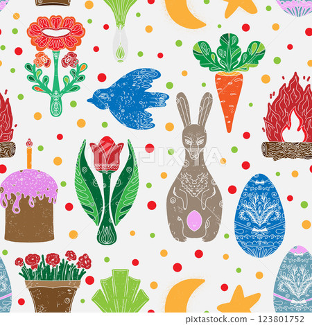 easter seamless pattern with rabbit and eggs 123801752