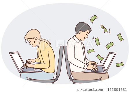 Man working with laptop makes money sitting near woman experiencing financial difficulties 123801881