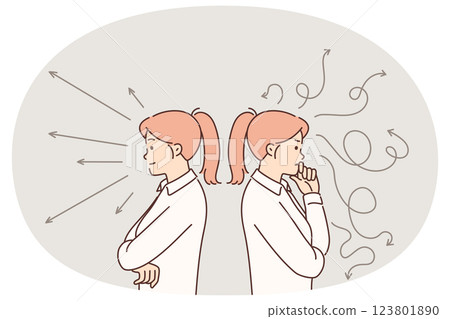 Women trying to make choice between different ways to solve problem standing among arrows 123801890