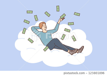Successful rich man scatters money, lying on cloud, rejoicing in financial independence 123801896