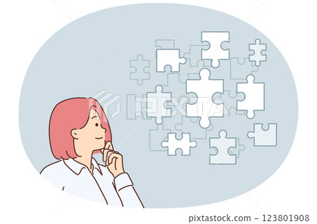 Thoughtful businesswoman looking at puzzle pieces choosing right tactics to solve business problems 123801908
