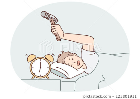 Annoyed man hits alarm clock with hammer not wanting to wake up on day off and go to unloved job Annoyed man hits alarm clock with hammer not wanting to wake up on day off and go to unloved job 123801911