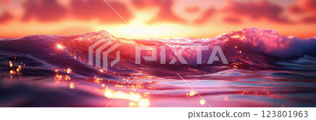 A digital illustration of the sea waves during sunset, with gentle ripples and sparkling reflections of the pink and orange sky, capturing the calming, tranquil movement of the water, banner A digital illustration of the sea waves during sunset, with gentle ripples and sparkling reflections of the pink and orange sky, capturing the calming, tranquil movement of the water, banner 123801963