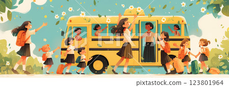A nostalgic, lively scene shows children waving goodbye to their parents as the school bus doors open, their faces full of smiles and happiness in soft pastel tones, banner A nostalgic, lively scene shows children waving goodbye to their parents as the school bus doors open, their faces full of smiles and happiness in soft pastel tones, banner 123801964