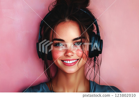 A portrait of a smiling girl wearing headphones, set against a soft pink background, capturing the joy of music enjoyment or learning with a lighthearted, youthful vibe 123802010