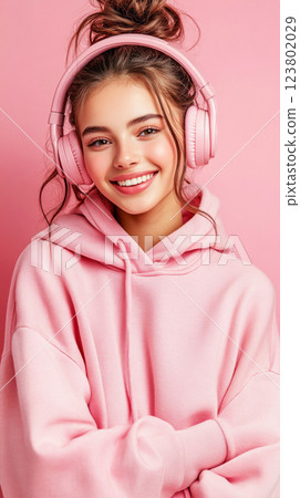 A cheerful girl with headphones, smiling in front of a gentle pink backdrop, embodying the concept of music enjoyment and learning with a playful and positive energy 123802029