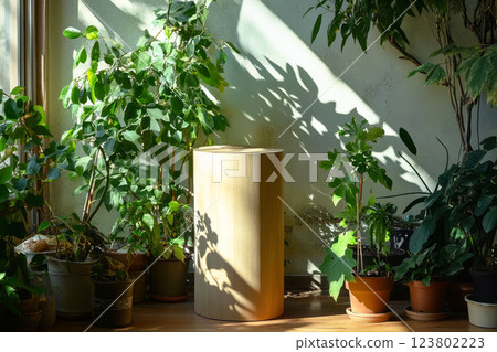 A natural wooden pedestal with clean lines stands amidst cascading indoor plants, with warm sunlight casting soft shadows, creating a tranquil and elegant botanical aesthetic A natural wooden pedestal with clean lines stands amidst cascading indoor plants, with warm sunlight casting soft shadows, creating a tranquil and elegant botanical aesthetic 123802223