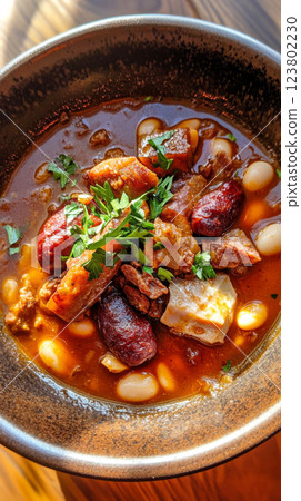 Hearty Fabada stew filled with beans, chorizo, morcilla, and pork in rich broth, topped with parsley, served with crusty bread, traditional Spanish dish 123802230