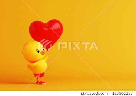 A cute baby chicken in a t-shirt, shorts, and sneakers holds a red heart-shaped balloon, radiating joy and playfulness against a pastel background 123802253