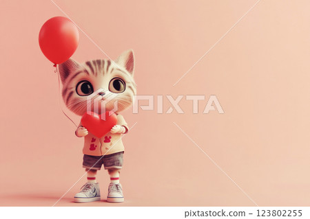 A cute baby cat in a shirt, shorts, and sneakers holds a red heart-shaped balloon, radiating a joyful and playful mood against a pastel background 123802255