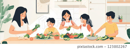 A cozy family scene with children happily assisting in serving a nutritious vegetable salad at the dining table, creating cherished memories filled with laughter, healthy food, banner 123802267