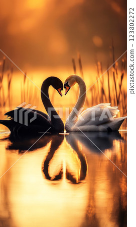 A beautiful scene of a black swan and a white swan forming a heart shape on a serene, mirror-like lake, with reeds and the golden sunrise light creating a peaceful, balanced atmosphere 123802272