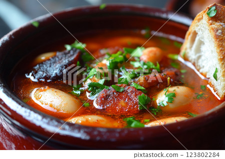 A bowl of Fabada with tender beans, pork, and chorizo, all cooked in rich broth, served with crusty bread for a hearty and savory meal, traditional Spanish dish 123802284