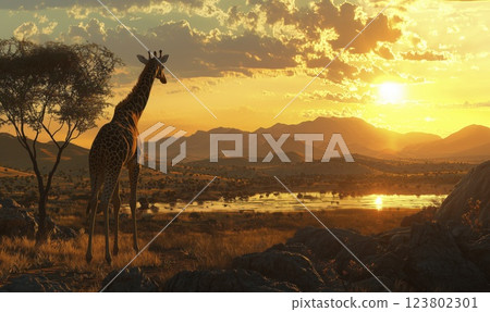 Giraffe silhouette at sunset in African savannah with copy space, design element 123802301