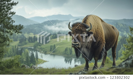 Bison standing in a misty mountain landscape with a lake, copy space 123802302