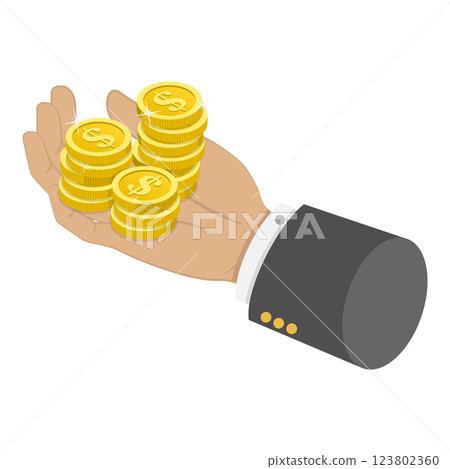 3D Isometric Flat Illustration of Hands Holding Money in Various Forms. Item 2 3D Isometric Flat Illustration of Hands Holding Money in Various Forms. Item 2 123802360