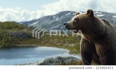 Brown bear in a scenic mountain landscape near a lake. Wildlife photography with natural copy space 123802421