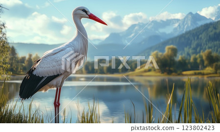 White stork standing near lake with mountain landscape in background, copy space 123802423