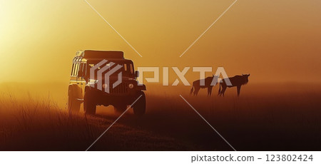 Jeep driving through the savanna at sunset with animal silhouette, copy space 123802424
