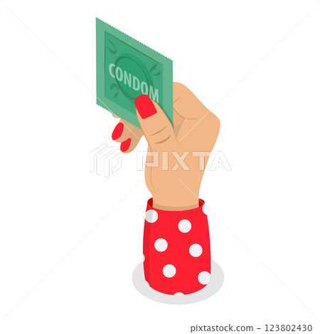 3D Isometric Flat Illustration of Hand with Condom. Item 2 3D Isometric Flat Illustration of Hand with Condom. Item 2 123802430