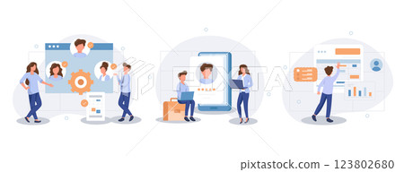 Characters hiring new employees, planning human resources and schedule to increase productivity and quality of work. Business illustration set. Workforce management concept. Vector illustration 123802680