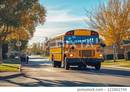 A yellow school bus drives down a suburban street, its bright color and iconic stop sign visible. Children wait eagerly at the bus stop under a clear, sunny sky, creating a nostalgic scene 123802740