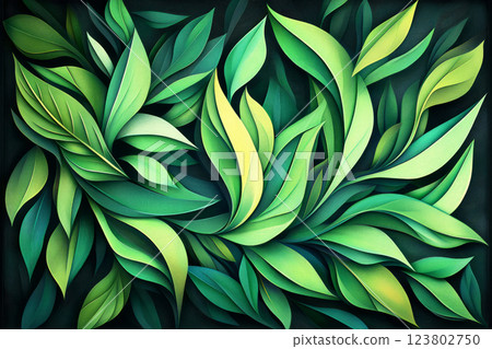 Illustration of oversized tropical leaves in bright, vivid greens, set against a black background, with sharp lines and smooth shading for a fresh, energetic mood in modern graphic design 123802750