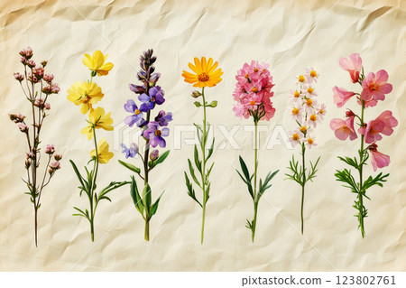 A botanical Herbarium illustration featuring Common Heather, Cowslip, Oxeye Daisy, Wild Thyme, Fireweed and Lupine, isolated on an old paper background with soft pastel muted colors, evoking a natural 123802761