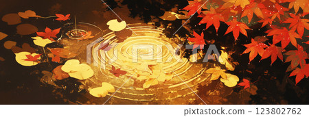 Illustration of a tranquil pond, raindrops falling and creating expanding circles on the water, delicate, relaxing, and soothing, with light and shadow adding depth to the scene, banner 123802762