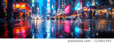 The wet streets of the city at night reflect neon lights in the rain, with people strolling under umbrellas and cars moving through puddles, creating a vibrant, atmospheric, and moody scene, banner 123802763