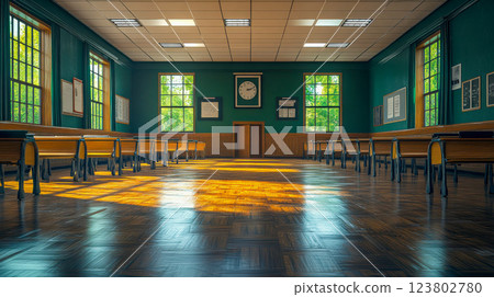 Spacious high school hall with rows of wooden desks, large windows, and sunlight streaming in 123802780