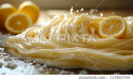 Close-up of fresh udon noodles with lemon slices and water droplets on a wooden surface Close-up of fresh udon noodles with lemon slices and water droplets on a wooden surface 123802789