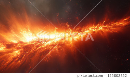 Cosmic nebula explosion with bright orange and yellow flames spreading across dark space. Concept of stellar formation, universe energy, and astronomical phenomena in galactic environment Cosmic nebula explosion with bright orange and yellow flames spreading across dark space. Concept of stellar formation, universe energy, and astronomical phenomena in galactic environment 123802832