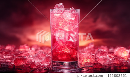 Pink berry cocktail filled with ice cubes in tall glass surrounded by crystal ice fragments against glowing red background. Concept of refreshing drink, mixology, and luxury beverage 123802861
