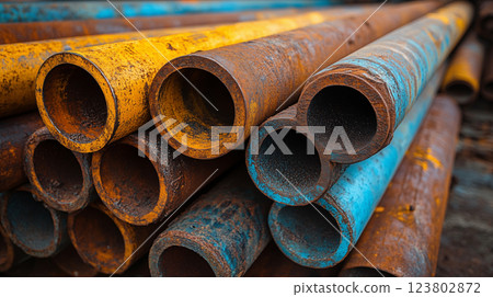 Rusty metal pipes stacked showing weathered yellow, blue and orange industrial tubing. Construction materials with corrosion texture for plumbing, infrastructure and urban development concepts 123802872