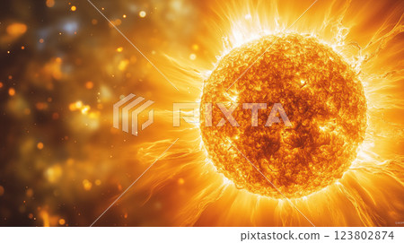 Solar surface with fiery corona flares erupting against black space background with glowing particles. Concept of astronomy, solar energy and cosmic power 123802874