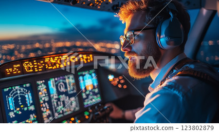 White male pilot with headphones monitoring illuminated cockpit control panel during night flight, representing aviation technology and professional transport operation 123802879