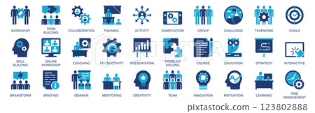 Workshop icon set in flat duotone solid icons web design. Pack pictograms with team building, collaboration, training, gamification, group, challenge, teamwork, education, other. Vector illustration. 123802888