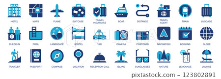Travel icon set in flat duotone solid icons web design. Pack pictograms with hotel, maps, plane, suitcase, insurance, boat, distance, train, checkin, pool, hostel, taxi, other. Vector illustration. 123802891
