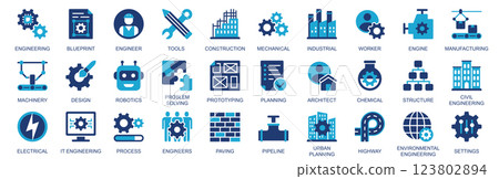 Engineering icon set in flat duotone solid icons web design. Pack pictograms with blueprint, engineer, tools, mechanical, worker, engine, manufacturing, machinery, process, other. Vector illustration. 123802894