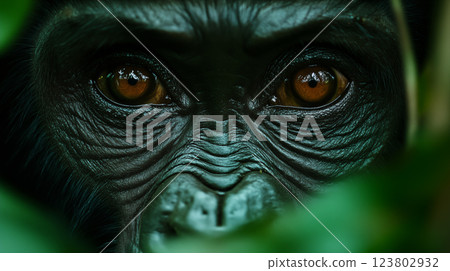 Mountain gorilla eyes closeup revealing deep amber iris detail, wildlife portrait capturing primate facial features in natural habitat 123802932