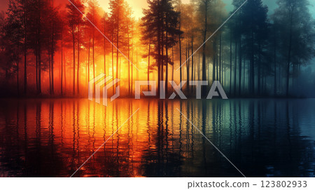 Mystical forest lake reflecting colorful sunset through pine trees, creating dramatic mirror effect with vibrant orange and teal gradient 123802933