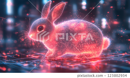 Neon rabbit glowing with digital network patterns sitting on reflective surface, cyberpunk animal concept with futuristic lighting effects 123802934