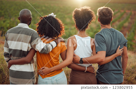 Diversity, view and friends together hug, friendship and love on a countryside farm in France. People relax, back and summer people on holiday vacation in nature, vineyard or outdoor during sunset 123802955
